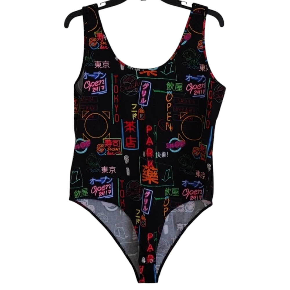 Forever 21+ Tokyo nightlife print black multicolor bodysuit size XL
